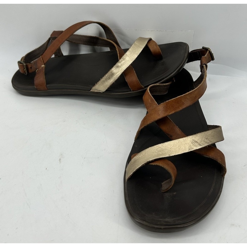 OluKai Upena Sandals Brown Leather Straps With‎ Metallic Gold Accent Women's 11